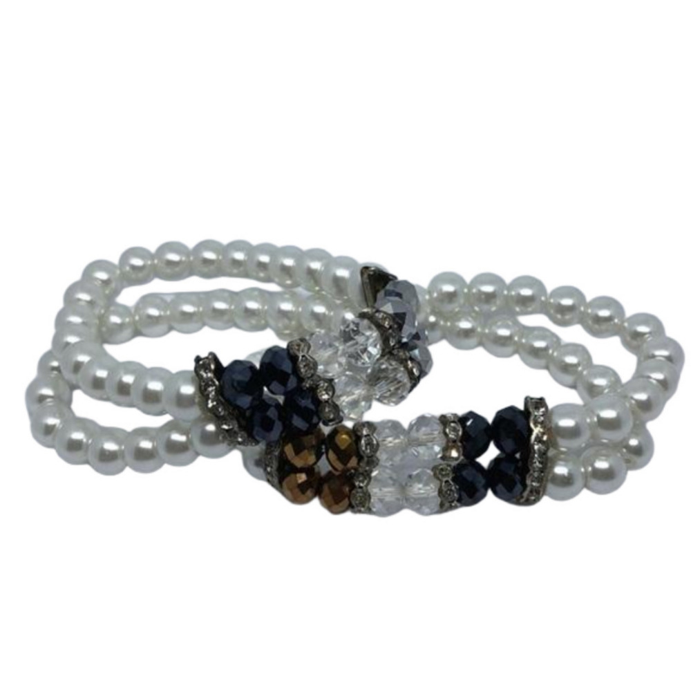 Retro style sparkling crystals glass faux pearls dressy stretch bracelets bundle